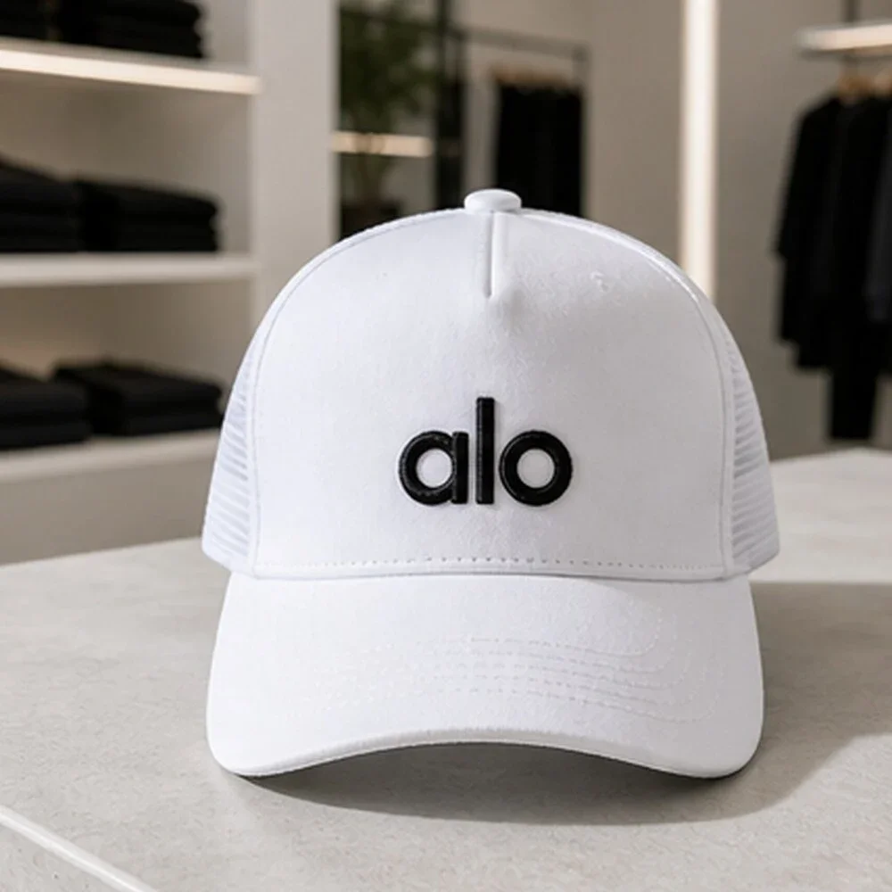 ALO Yoga White Black Travel Mesh Trucker Cap Hat NWT